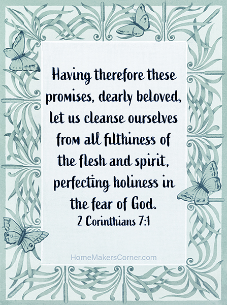 2 Corinthians 7:1  Having therefore these promises, dearly beloved, let us cleanse ourselves from all filthiness of the flesh and spirit, perfecting holiness in the fear of God.