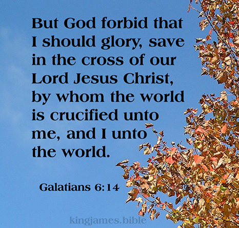 Galatians 6:14  But God forbid that I should glory, save in the cross of our Lord Jesus Christ, by whom the world is crucified unto me, and I unto the world.